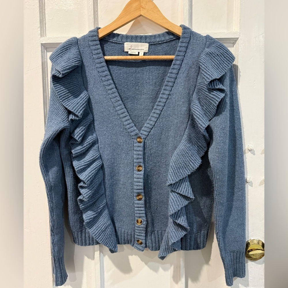 Anthropologie Blue Ruffle-Trim Knit Cardigan